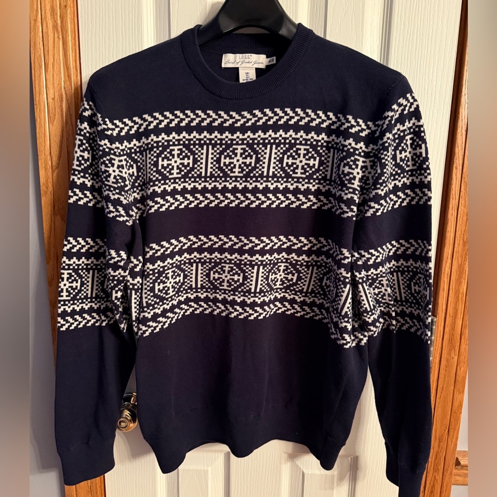 H&M | Size Large | Men's Navy Blue Knit Holiday Snowflake Sweater 100% Cotton